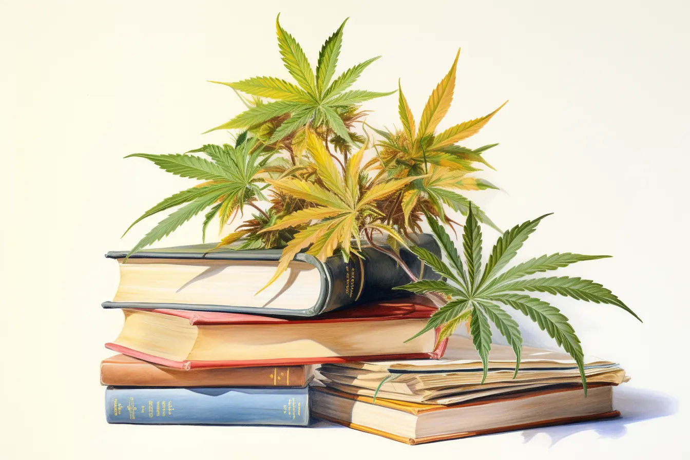 Die Vielfalt von Wissen und Natur wird durch eine spannende Kombination aus Büchern und Cannabisblättern dargestellt. Cannabis, eine Pflanze mit vielen Bezeichnungen, bedeckt bunte Bücher, die das Lesevergnügen steigern.