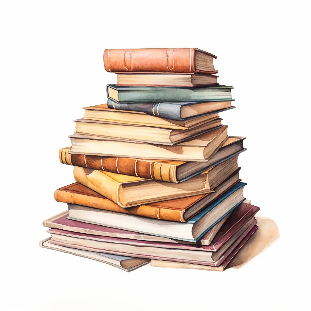Eine Illustration aus einem Stapel von Büchern in hellen Farben zeigt die Verbindung von Realität und Fantasie. Auf weißem Hintergrund steht ein Haufen Bücher in der Stadt.