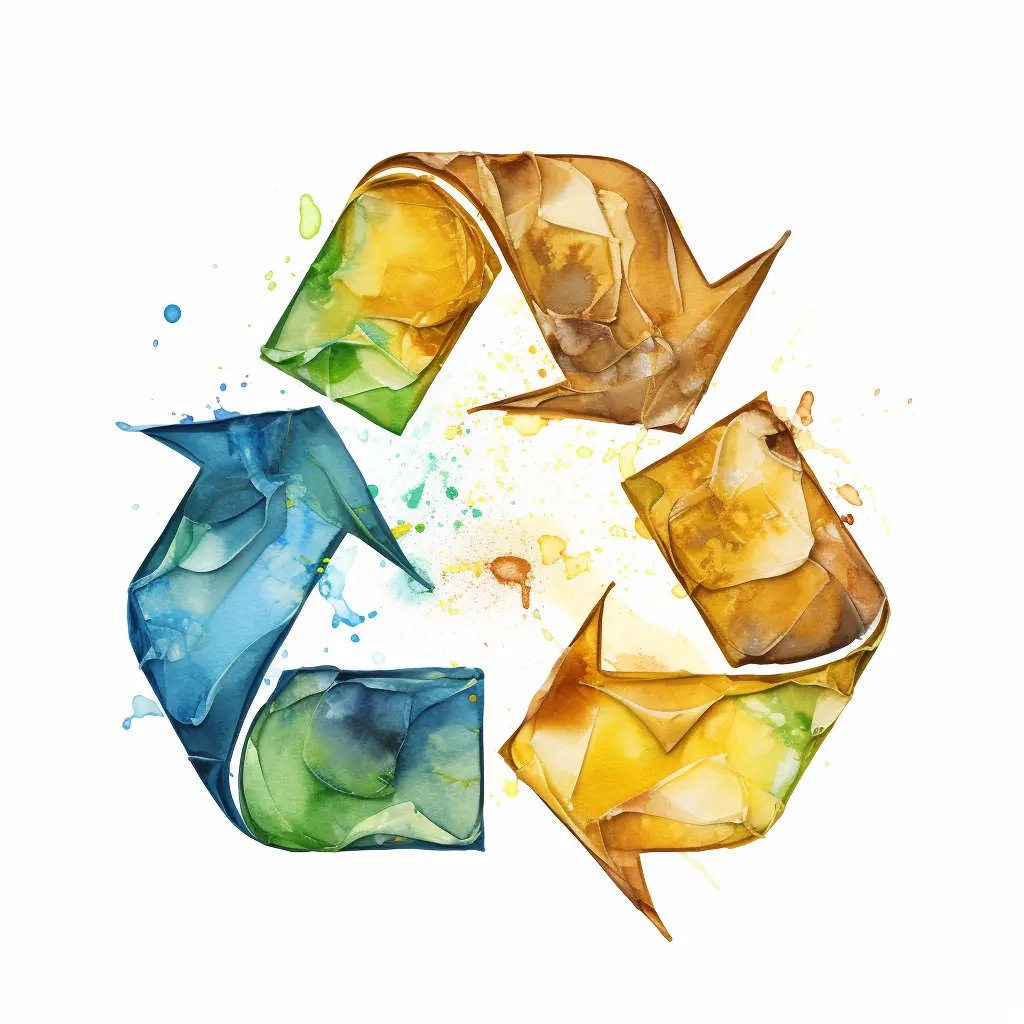 Ein sanftes Recycling-Symbol ist ein künstlerischer Ausdruck für Umweltschutz, das wie eine Mischung aus Realität und Zeichnung wirkt. Auf einem weißen Hintergrund sticht ein Recycling-Zeichen in einer kräftigen Farbe ins Auge und weckt die Aufmerksamkeit.